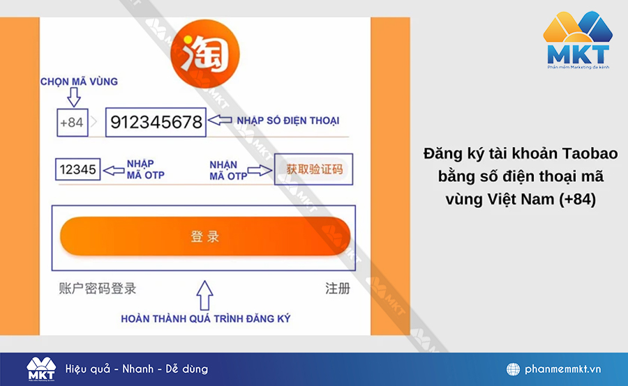 Tạo tài khoản Taobao bằng số điện thoại mã vùng Việt Nam (+84)