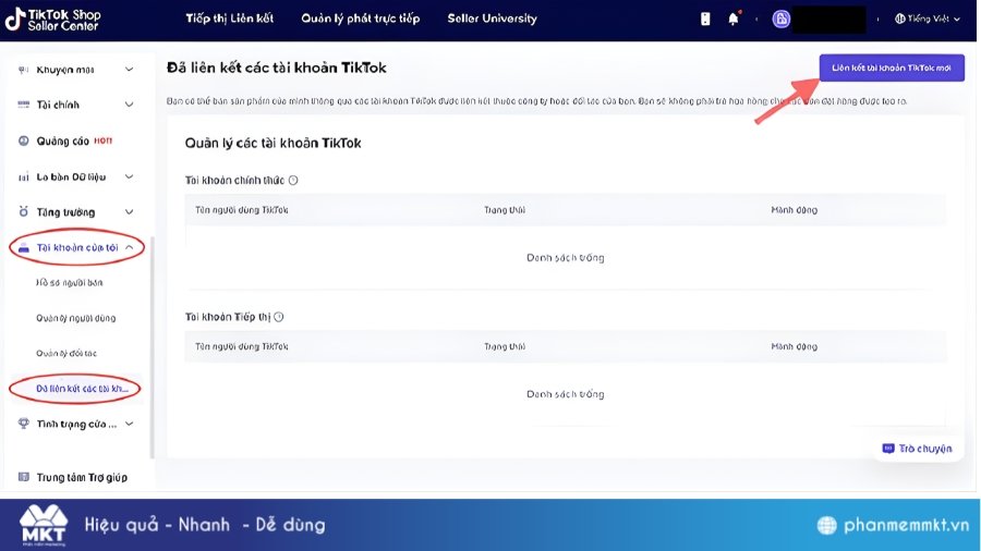 Liên kết tài khoản mới Affiliate marketing trên TikTok