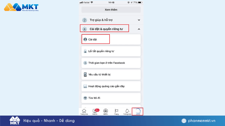 Chọn vào cài đặt cách đăng ảnh lên facebook không bị vỡ