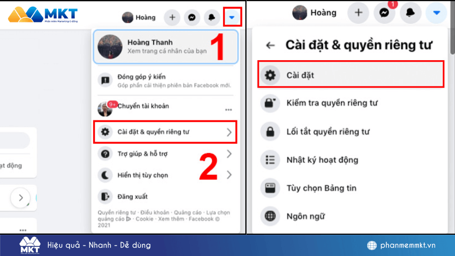 Mở menu Cài đặt & quyền riêng tư cách đăng ảnh lên facebook không bị vỡ