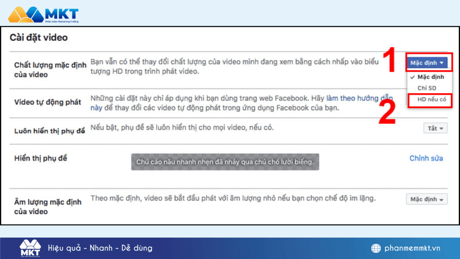 Chọn chất lượng mặc định là HD cách đăng ảnh lên facebook không bị vỡ