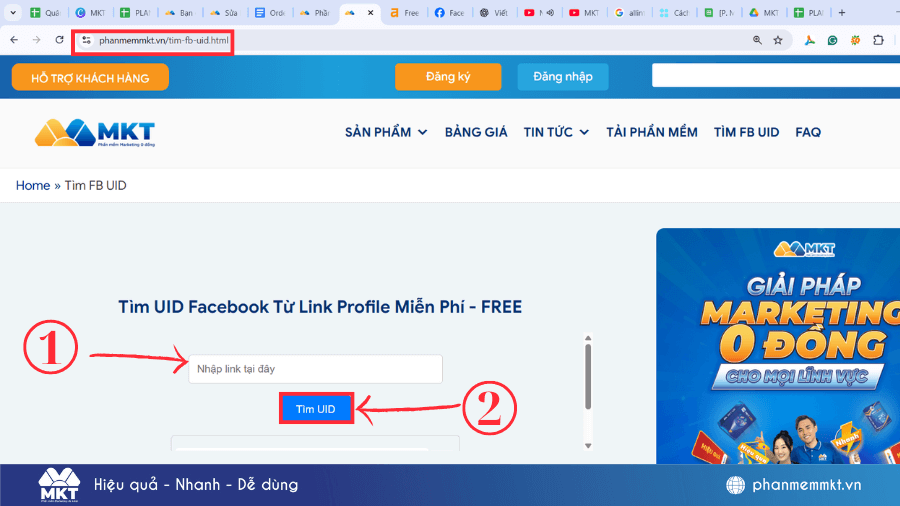 Dán link vào công cụ tìm UID Lấy uid facebook cá nhân