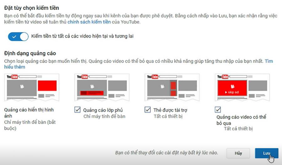 Chọn định dạng video quảng cáo hiển thị trong video của bạn