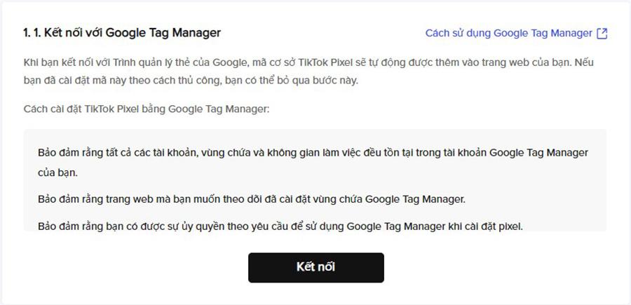 Bấm vào Kết nối để kết nối với tài khoản Google Tag Manager