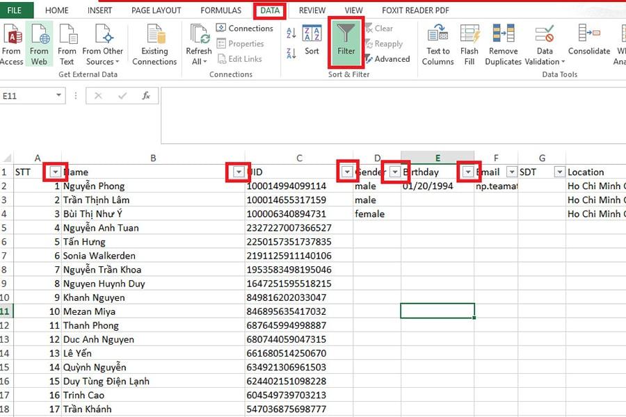 Lọc data UID, SĐT, Email trong Excel