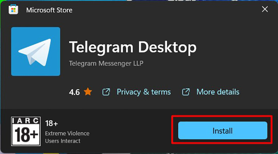 Nhấn Install để tải ứng dụng Telegram Desktop về máy