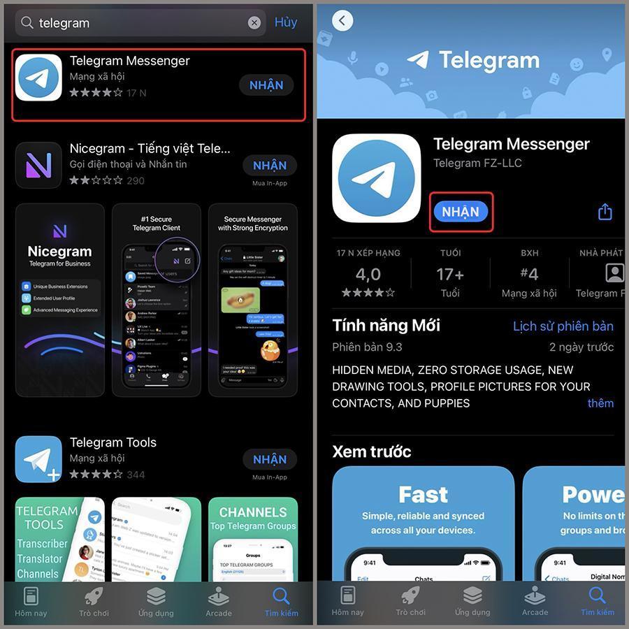 Nhấn Nhận nhằm vận chuyển Telegram về điện thoại thông minh iPhone