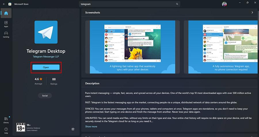 Nhấn Open để bắt đầu sử dụng app Telegram Desktop