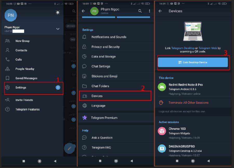 Mở ứng dụng Telegram trên điện thoại Chọn Link Desktop Device