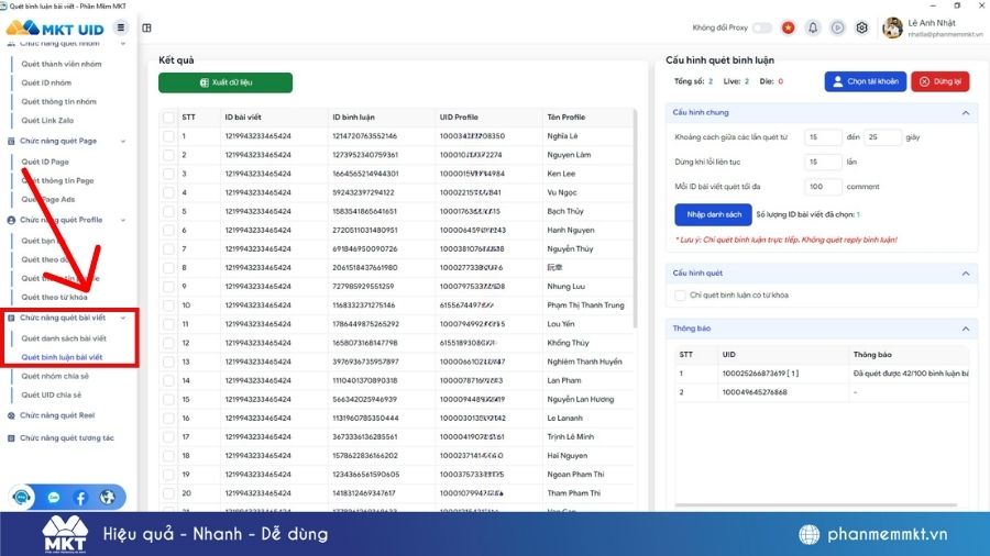 Hướng dẫn quét comment bài viết bất kỳ trên Facebook 2 Giao diện quét comment bài viết Facebook trên MKT UID