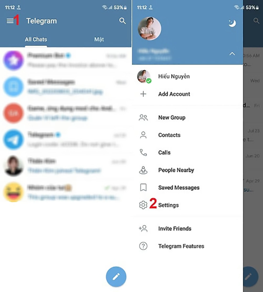 Mở ứng dụng Telegram và chọn Cài đặt