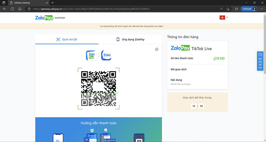 Mở app ZaloPay để quét mã QR thanh toán và hoàn tất nạp xu