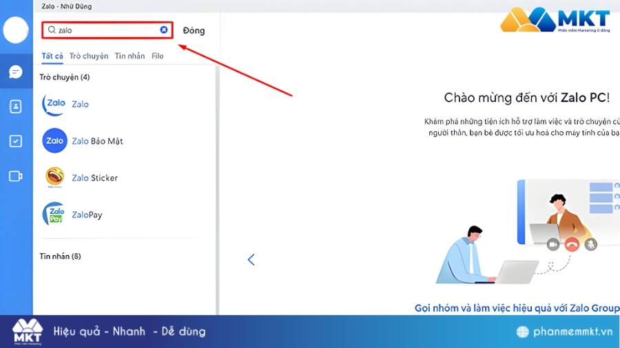 Nhập từ khóa "Zalo" vào ô tìm kiếm Làm sao xóa lịch sử đăng nhập Zalo