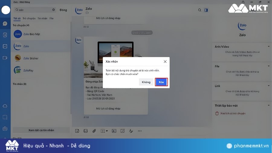 Chọn Xóa để xác nhận xóa lịch sử đăng nhập Zalo trên máy tính Làm sao xóa lịch sử đăng nhập Zalo