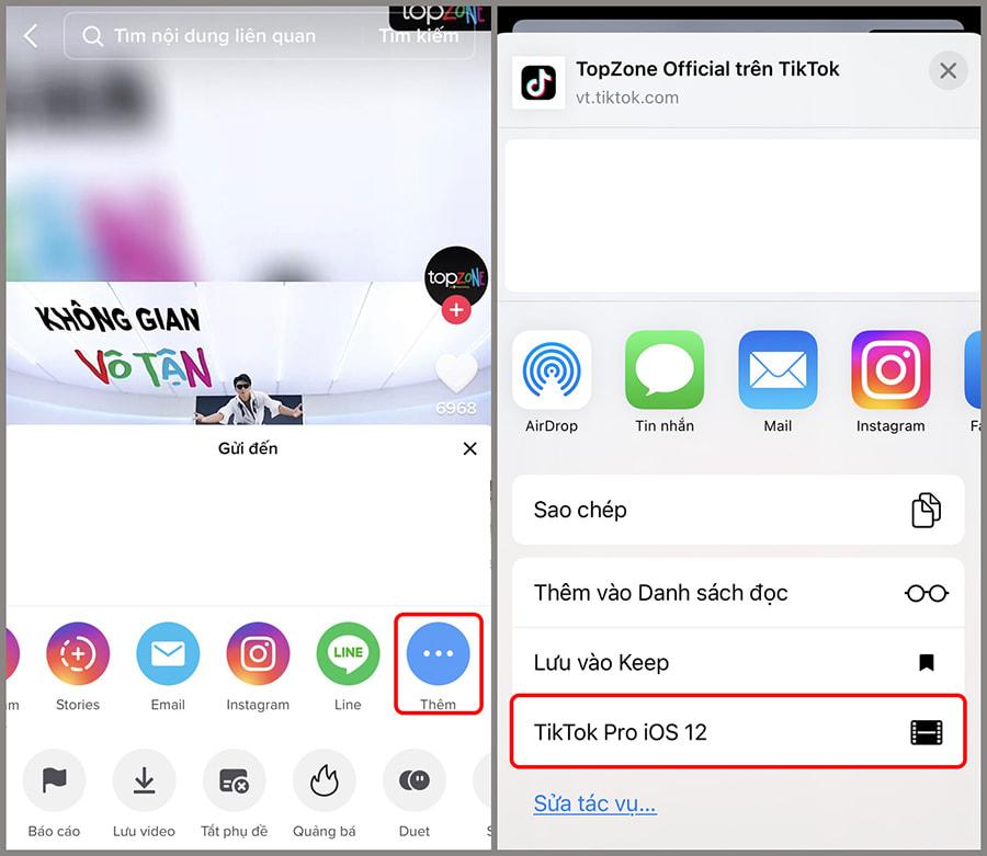 Chọn video TikTok => nhấn Chia sẻ => Thêm => nhấn vào TikTok pro iOS