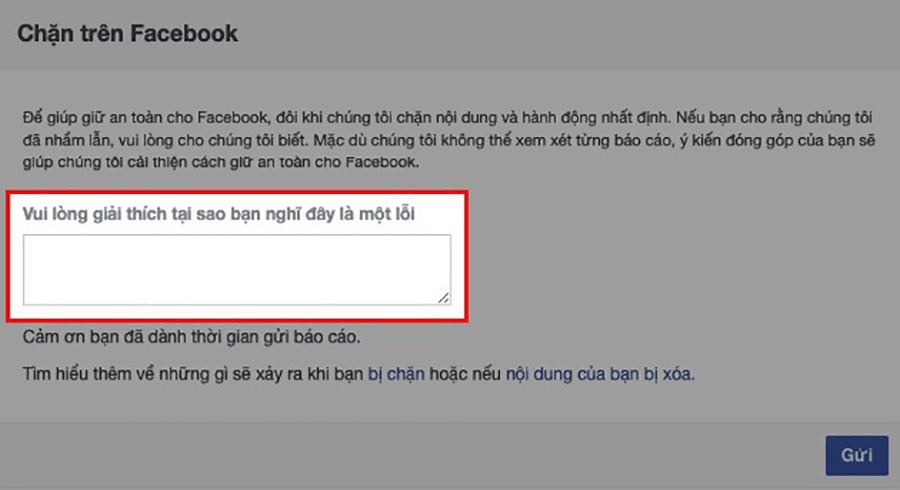 Điền nội dung bạn muốn khiếu nại với Facebook vào khung Vui lòng giải thích tại sao bạn nghĩ đây là một lỗi