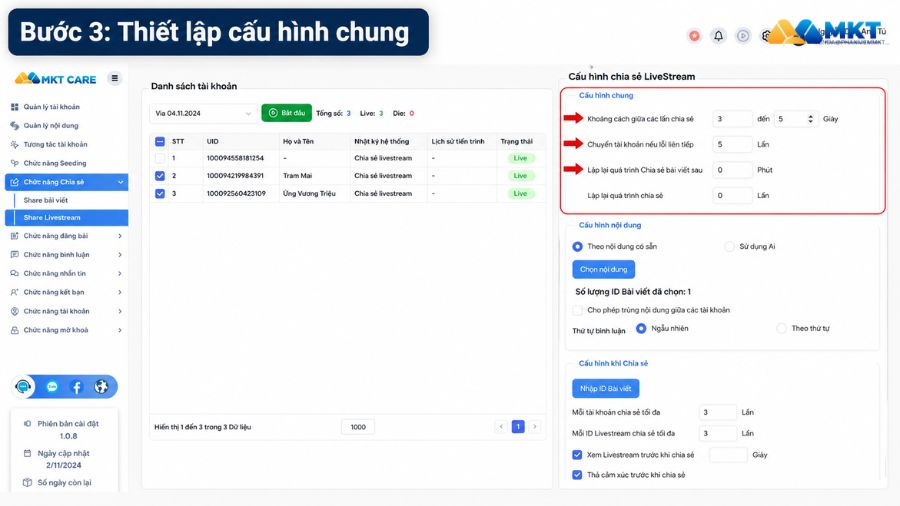 Hướng dẫn cách share livestream vào nhóm tự động bằng MKT Care 4 Cấu hình nội dung