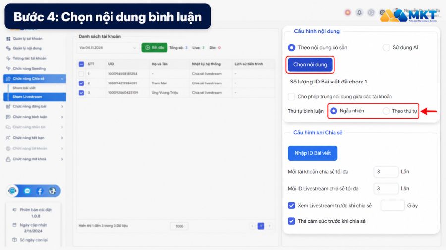 Hướng dẫn cách share livestream vào nhóm tự động bằng MKT Care 5 Cấu hình nội dung livestream
