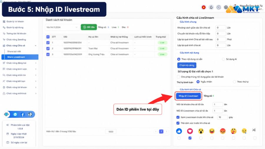 Hướng dẫn cách share livestream vào nhóm tự động bằng MKT Care 6 Livestream Facebook được lựa chọn để chia sẻ vào nhóm.