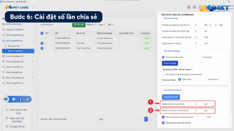 Hướng dẫn cách share livestream vào nhóm tự động bằng MKT Care 7 Thiết lập số lần chia sẻ trên MKT Care