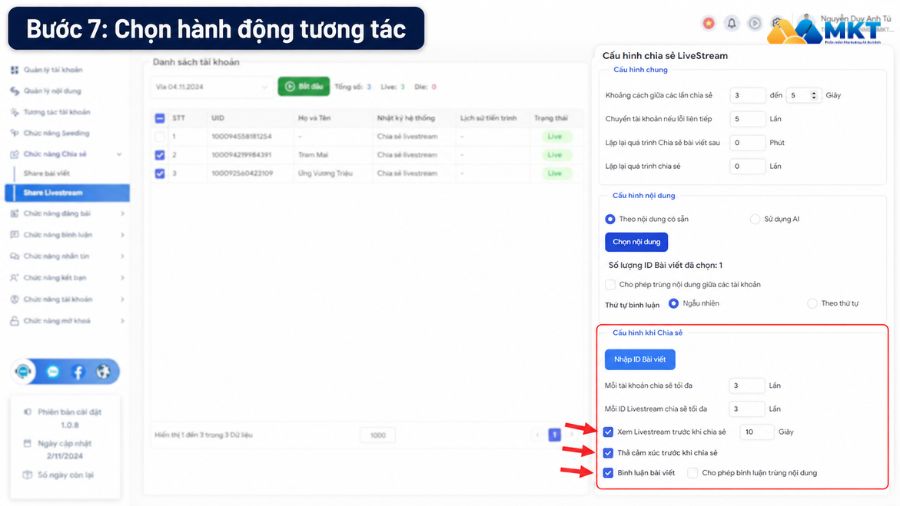 Hướng dẫn cách share livestream vào nhóm tự động bằng MKT Care 8 Cài đặt hành động trước khi chia sẻ livestream