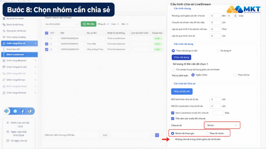 Hướng dẫn cách share livestream vào nhóm tự động bằng MKT Care 9 Chọn chia sẻ livestream vào nhóm