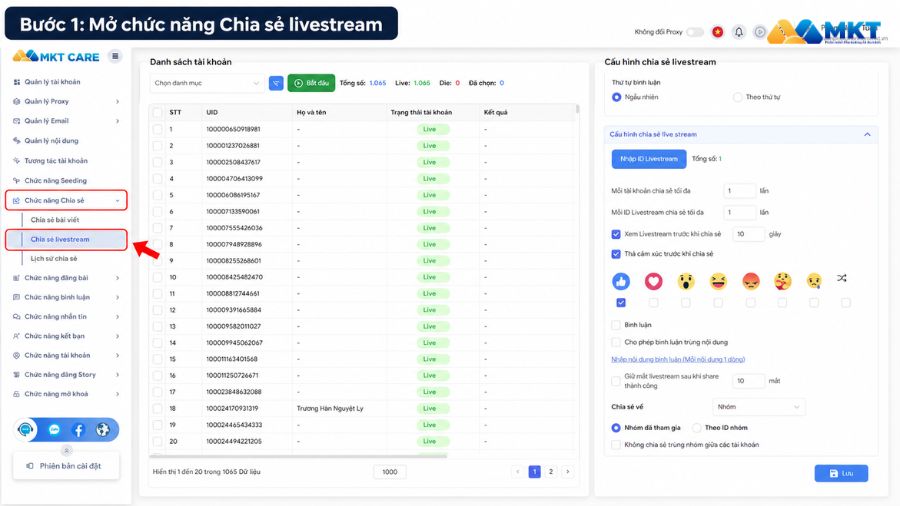 Hướng dẫn cách share livestream vào nhóm tự động bằng MKT Care 2 Giao diện chức năng Chia sẻ livestream trên MKT Care.
