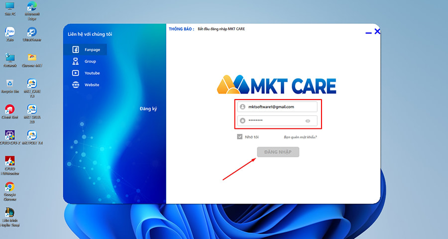 Đăng nhập vào phần mềm MKT Care