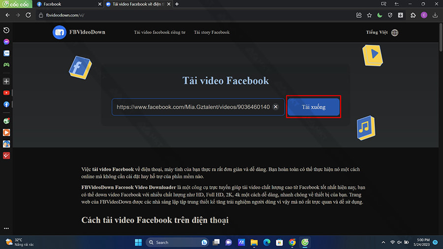 Dán URL video vào khung nhập liệu của FBVideoDown => chọn Tải xuống