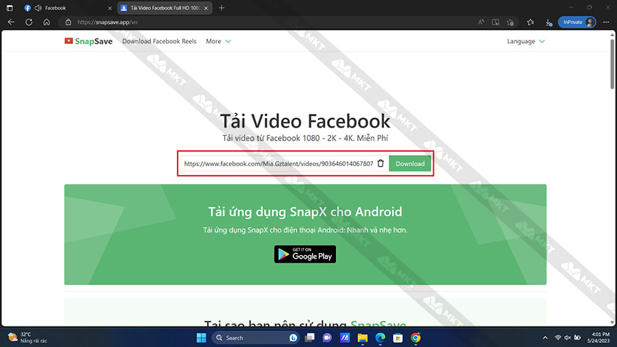 Dán link video vào khung nhập liệu của SnapSave => nhấn Download