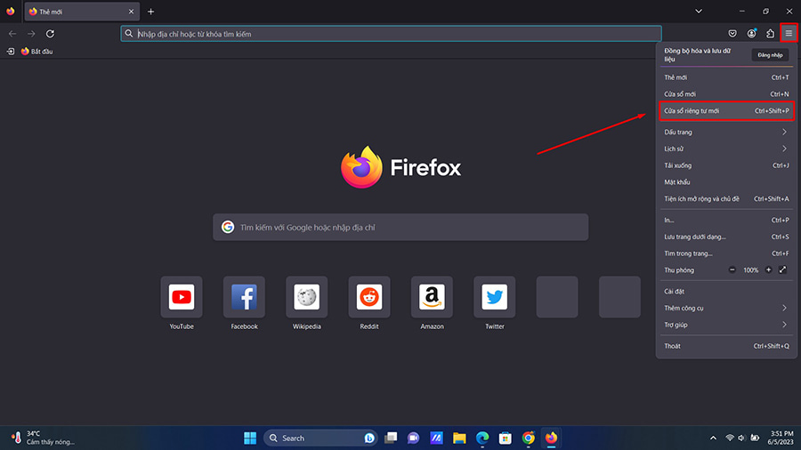 Cách mở cửa sổ riêng tư mới trên Firefox