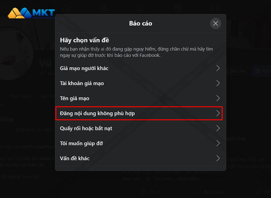 Chọn Đăng nội dung không phù hợp