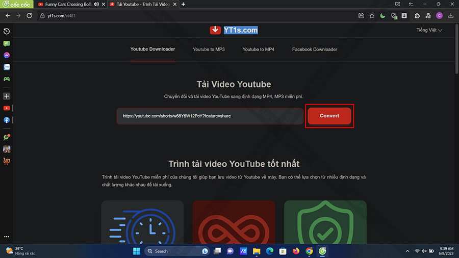 Dán link video vào khung nhập liệu của YT1s.com => chọn Convert