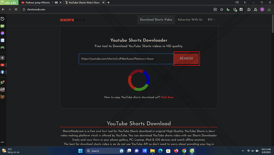 Dán link video vào khung nhập liệu của ShortsNoob.com =>nhấn nút Search