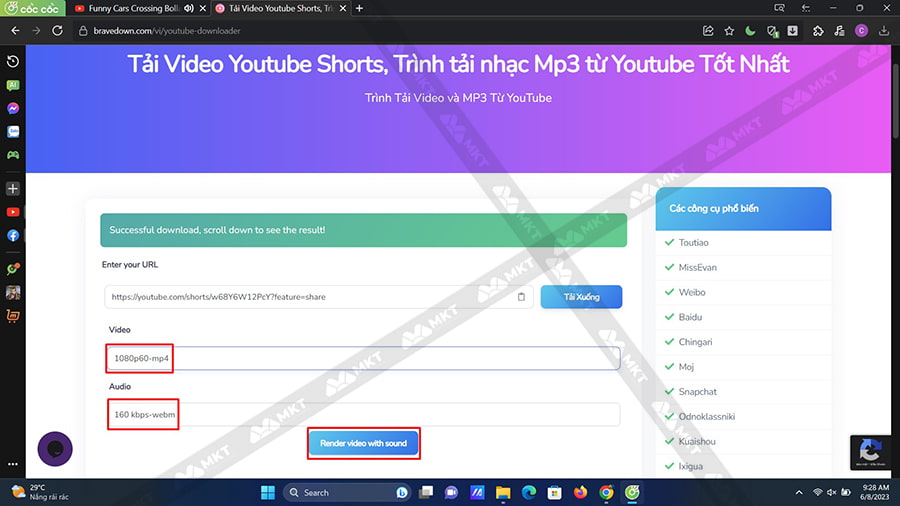 Chọn chất lượng video và audio muốn tải => nhấn vào Render video with sound