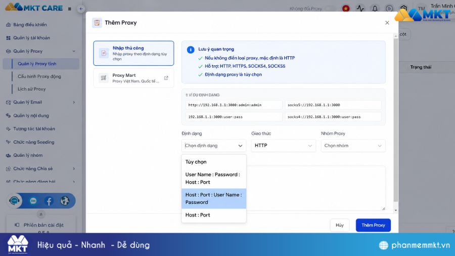 Hướng dẫn cách đổi IP bằng Proxyv6 trên phần mềm MKT Care 7 Thêm danh sách Proxyv6 vào phần mềm MKT Care