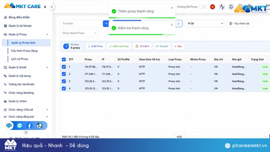 Hướng dẫn cách đổi IP bằng Proxyv6 trên phần mềm MKT Care 8 Kiểm tra và chỉ định Proxyv6