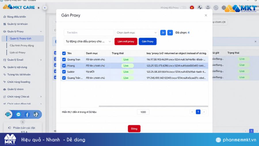 Hướng dẫn cách đổi IP bằng Proxyv6 trên phần mềm MKT Care 9 Gán Proxyv6 cho tài khoản hàng loạt