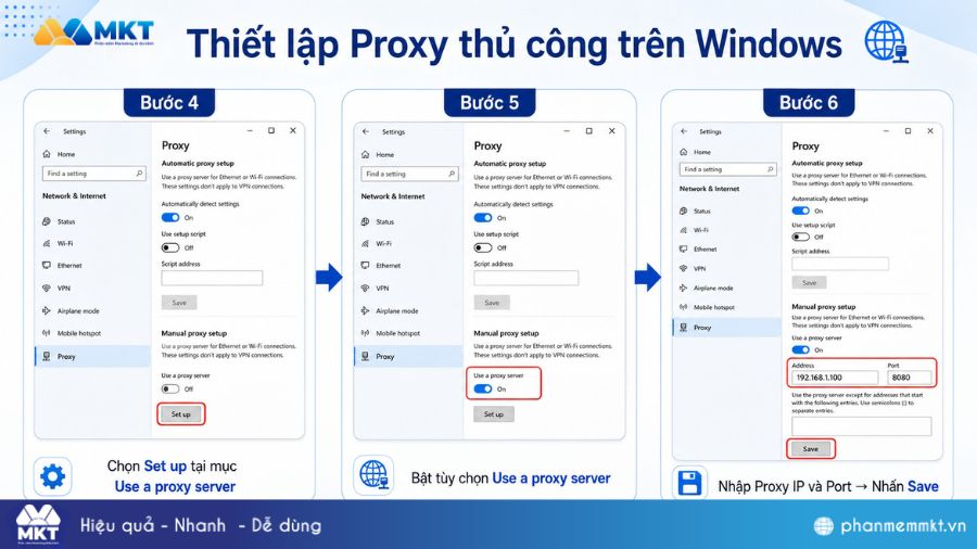 Hướng dẫn cách đổi IP bằng Proxyv6 trên phần mềm MKT Care 5 Đổi IP bằng ProxyV6 trong cài đặt Windows