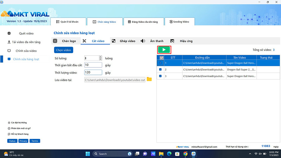 Chạy hành động cắt video hàng loạt