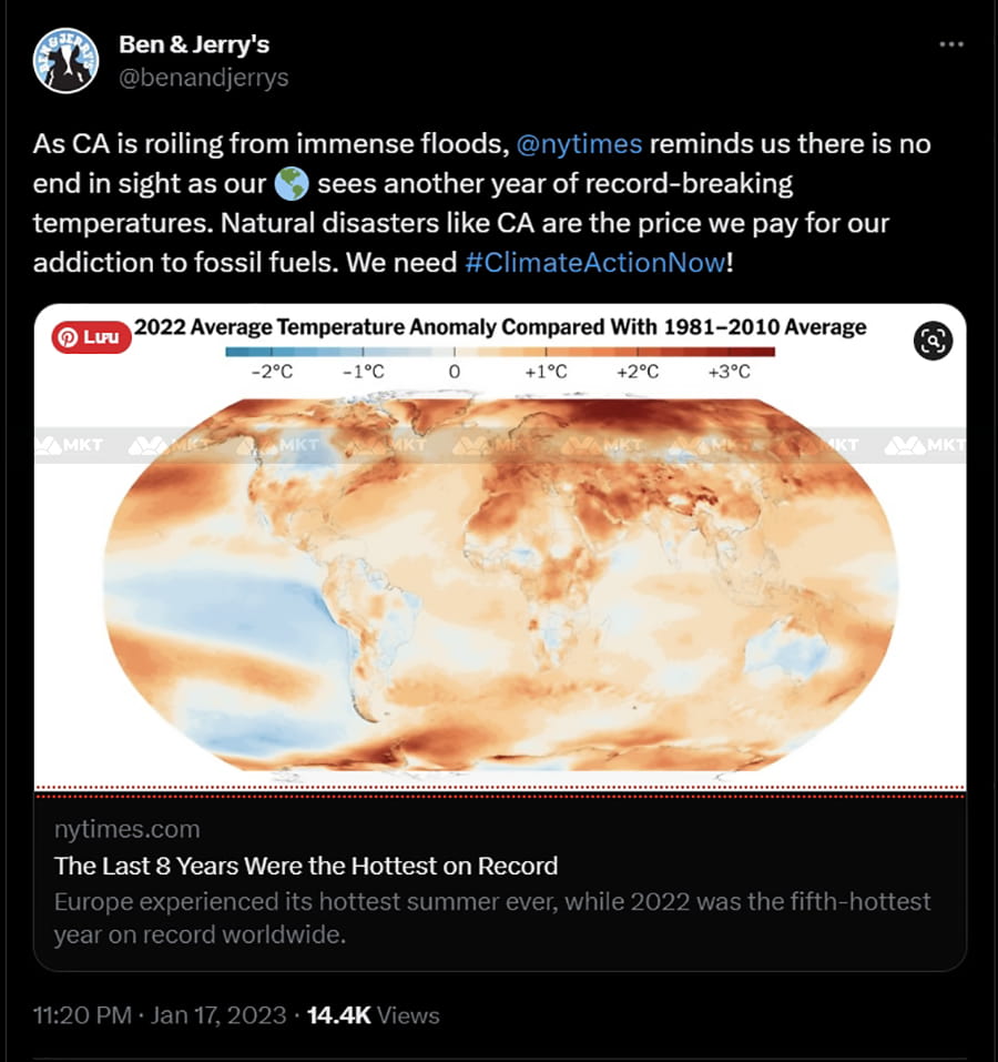 Tweet từ Ben & Jerry’s thể hiện cam kết của mình đối với chủ nghĩa môi trường và chống biến đổi khí hậu