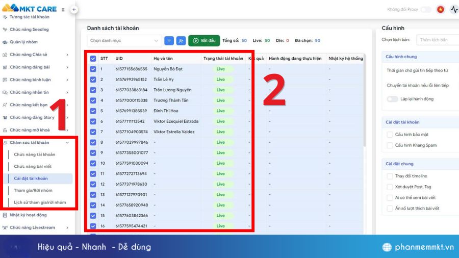 Hướng dẫn thay đổi mật khẩu Facebook hàng loạt trên MKT Care 2 Truy cập tính năng Cài đặt tài khoản trên MKT Care