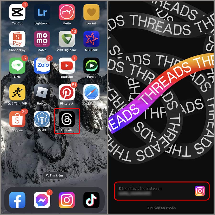 Đăng nhập Threads băng tài khoản Instagram