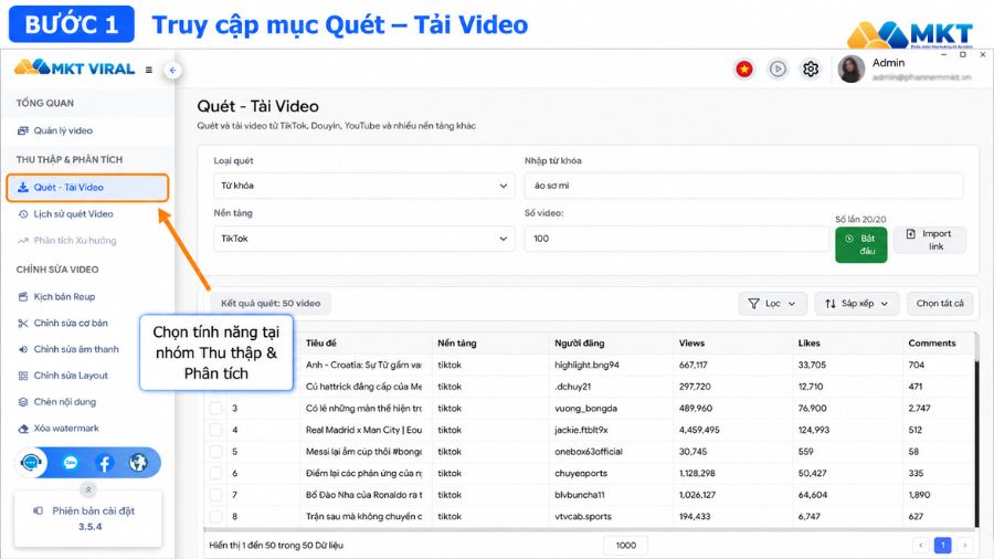 Cách quét video theo từ khóa bằng MKT Viral chi tiết từ A–Z 2 Truy cập mục Quét – Tải Video trên giao diện MKT Viral