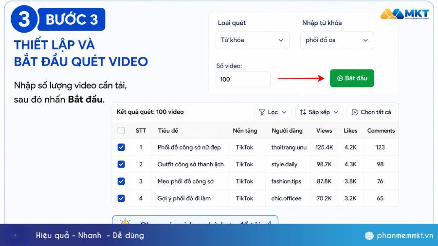 Hướng dẫn tải hàng loạt video bằng phần mềm MKT Viral 4 Bắt đầu chọn tải video