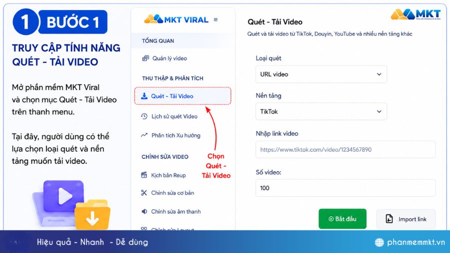 Hướng dẫn tải hàng loạt video bằng phần mềm MKT Viral 2 Tính năng Quét - Tải Video bằng MKT Viral