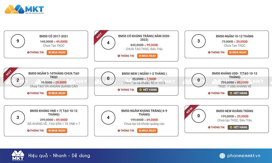 Mức giá một số loại BM50 phổ biến