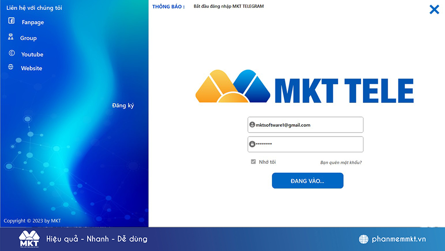 Đăng nhập phần mềm MKT Telegram