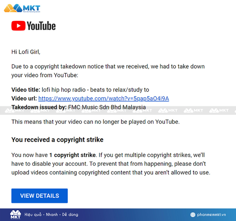 Email thông báo vi phạm bản quyền YouTube
