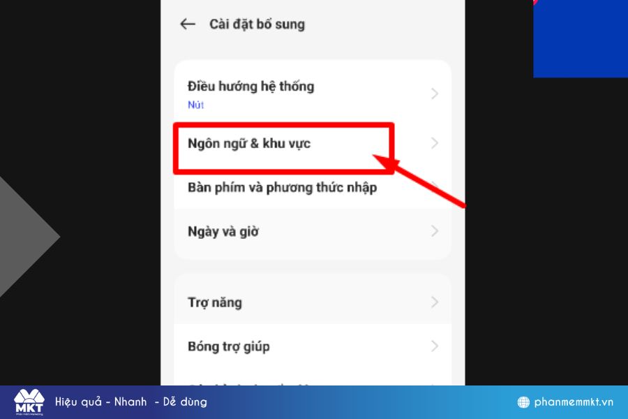 Chọn "Ngôn ngữ & khu vực"